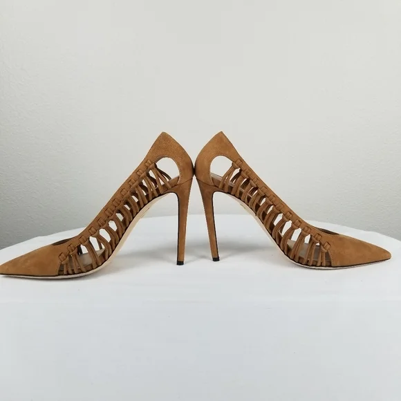 Tamara Mellon Tan Neutral Suede Braided Pointed Toe Pump Heels Size 8 - Picture 8 of 12